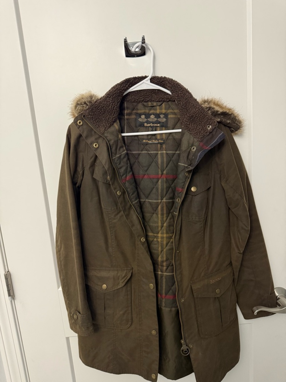 Barbour Brown Quilted Jacket with Tartan Lining and Faux Shearling Collar